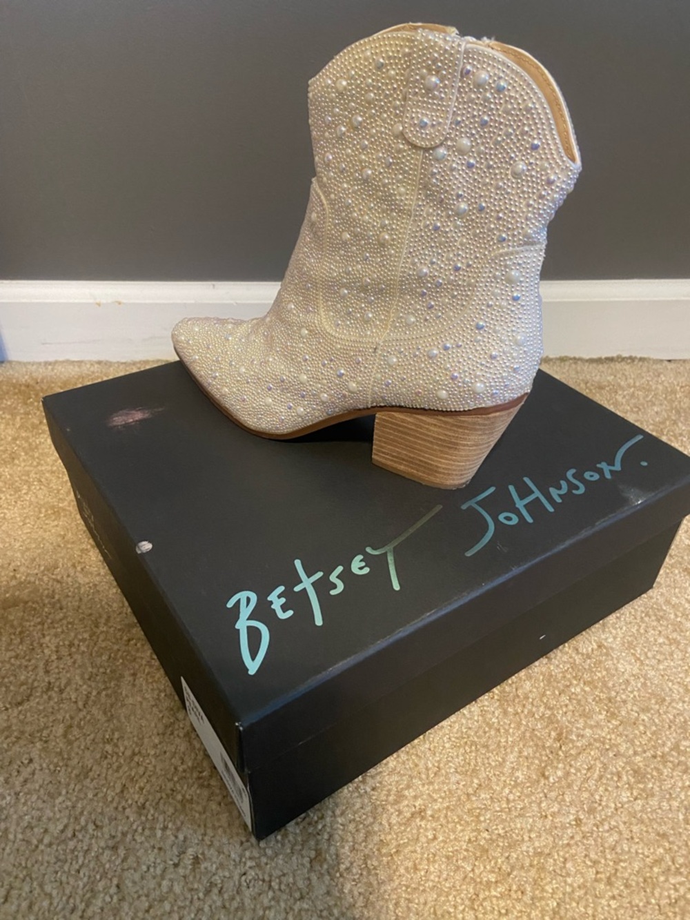 Betsey Johnson Cream Pearl & Rhinestone Western Ankle Boots